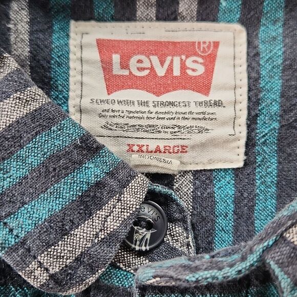 Levis Men's Abbey linen blend striped shirt casual button down teal grey 2XL XXL - Picture 3 of 9